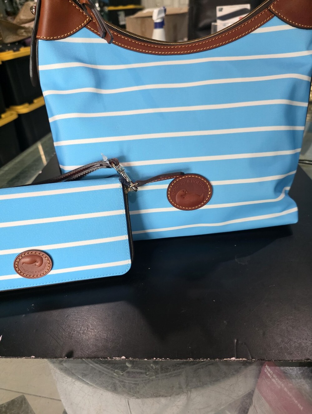 New Striped Blue & White Tote with Brown Trim - Dooney & Bourke